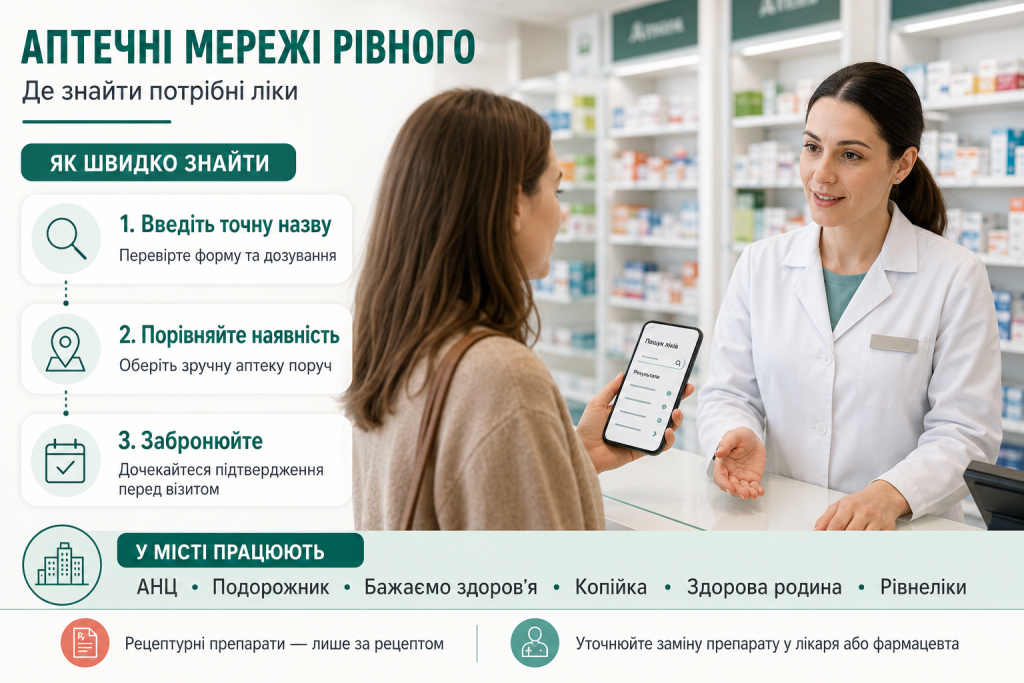 Інфографіка про аптечні мережі Рівного та способи швидко знайти потрібні ліки