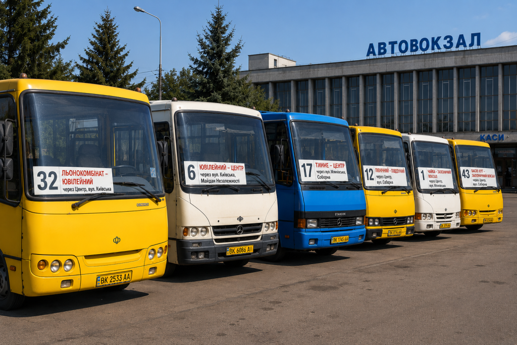 Автобуси міського транспорту Рівного, що обслуговують пасажирські маршрути та забезпечують перевезення містом.