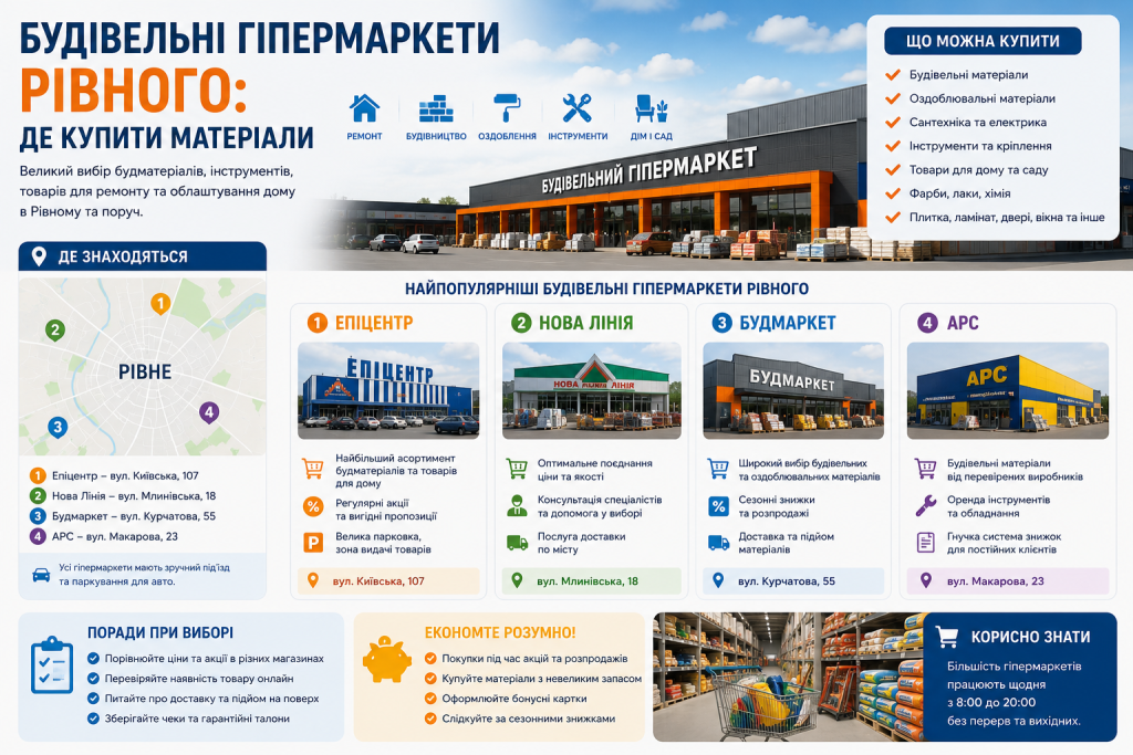 Інфографіка про популярні будівельні гіпермаркети Рівного, їх розташування, асортимент товарів та поради щодо вибору будівельних матеріалів.