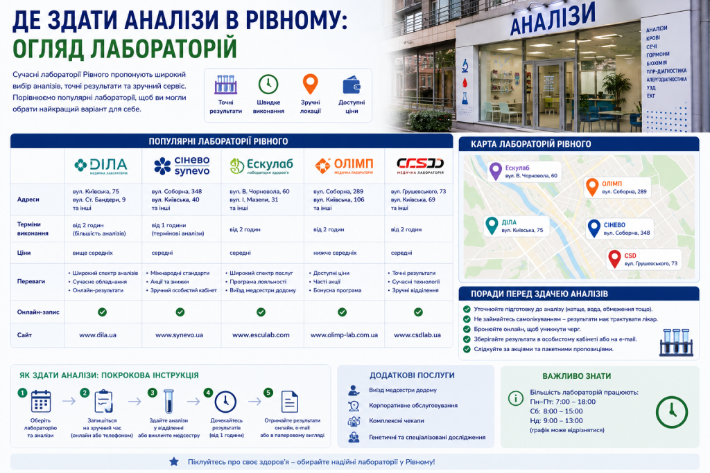 Інфографіка з оглядом популярних лабораторій Рівного, порівнянням послуг, адресами, особливостями роботи та порадами перед здачею аналізів.