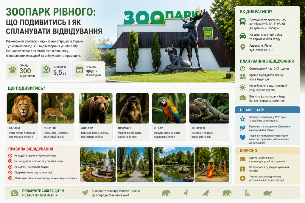 Інфографіка про Рівненський зоопарк, тварин, правила відвідування, маршрут, тривалість прогулянки та корисні поради