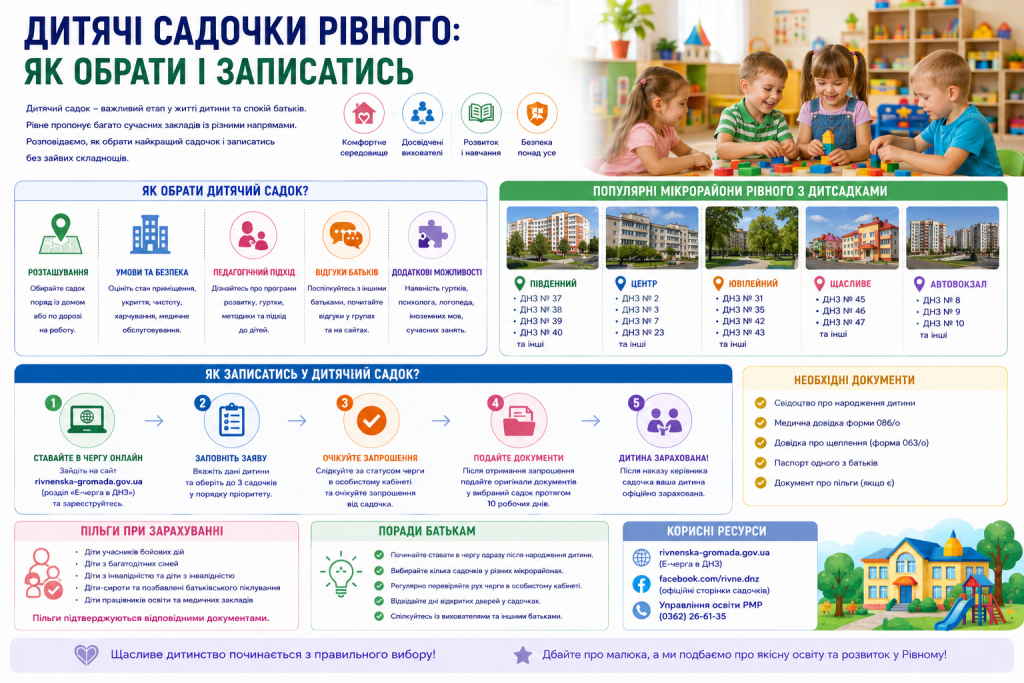 Інфографіка про вибір дитячого садка в Рівному, порядок запису, необхідні документи та рекомендації для батьків.