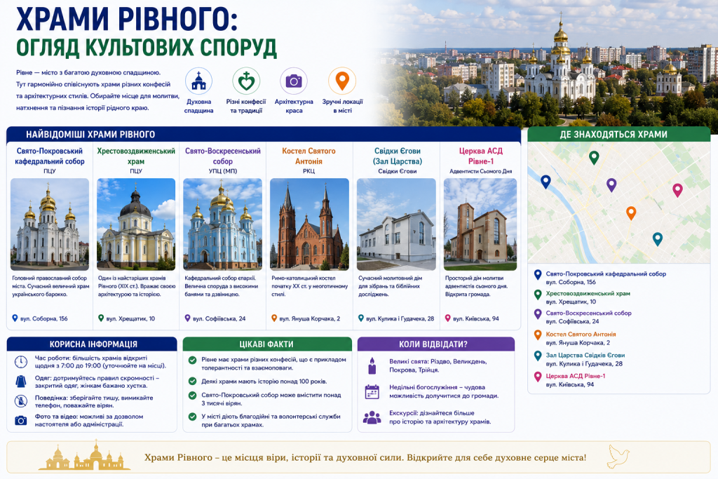 Дізнайтеся про найвідоміші храми Рівного, їхню історію, архітектуру, розташування та особливості різних конфесій міста.