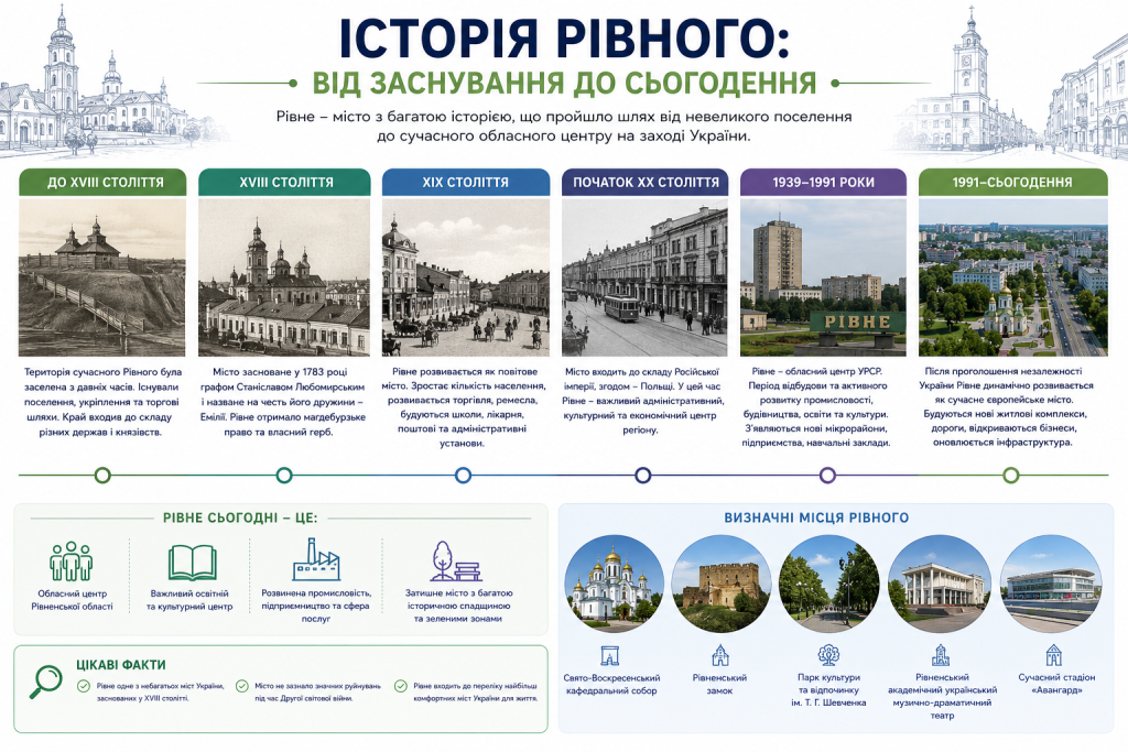 Інфографіка про історію Рівного від перших поселень до сучасності з основними історичними етапами, визначними місцями та цікавими фактами про місто.