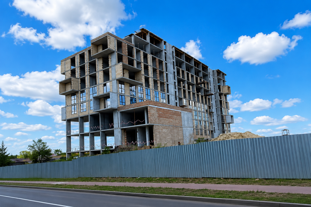 Будівництво сучасного житлового комплексу в Рівному з багатоповерховими будинками на різних етапах зведення.