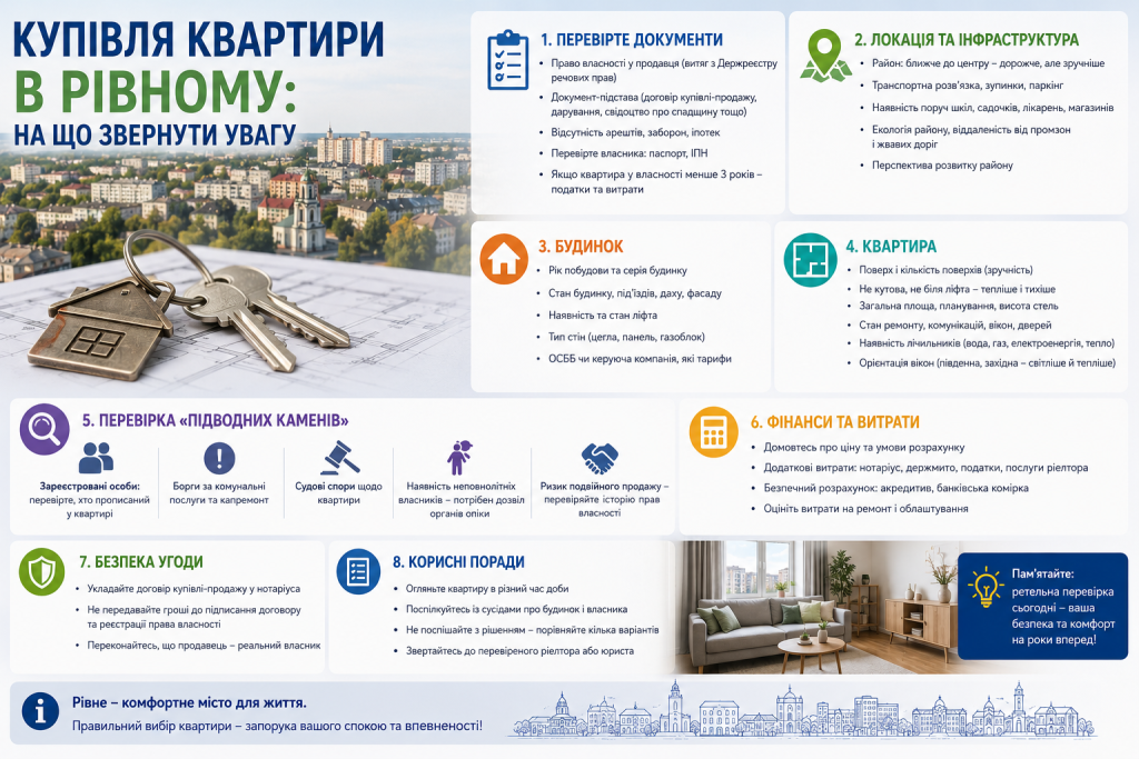 Інфографіка з основними порадами щодо купівлі квартири в Рівному, перевірки документів та вибору житла.