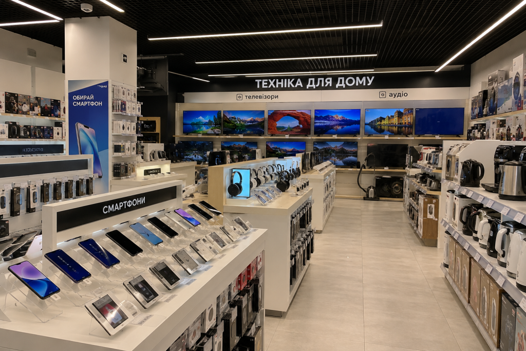 Просторий магазин електроніки з великим вибором смартфонів, ноутбуків, телевізорів та побутової техніки.
