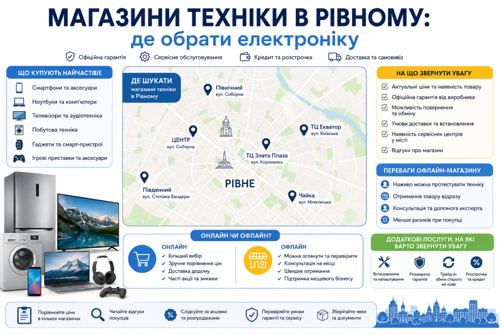 Інфографіка про вибір магазинів техніки в Рівному, поради щодо покупки електроніки та побутової техніки.