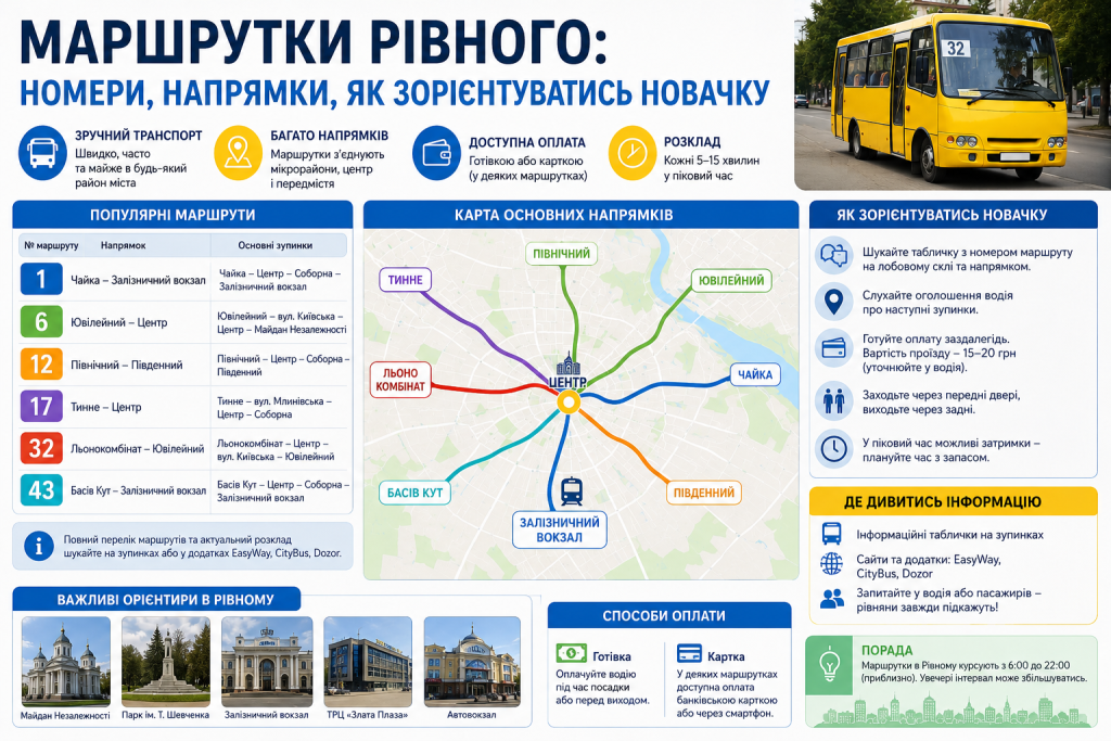 Інфографіка про маршрутні таксі Рівного з популярними напрямками, номерами маршрутів та порадами для пасажирів.