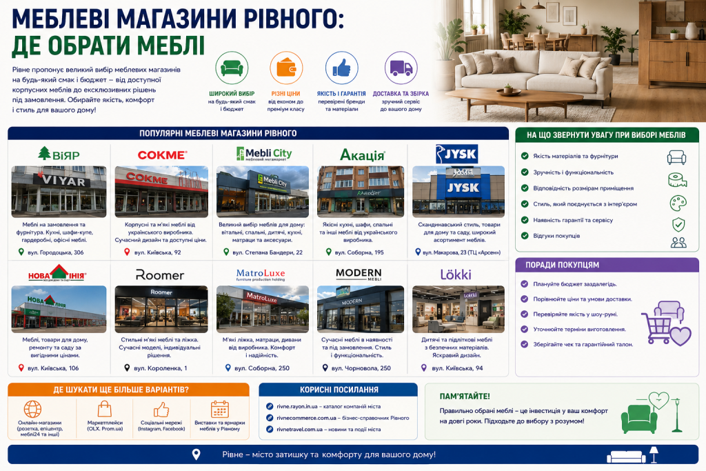 Огляд меблевих магазинів Рівного з адресами, популярними брендами та порадами щодо вибору якісних меблів для дому.