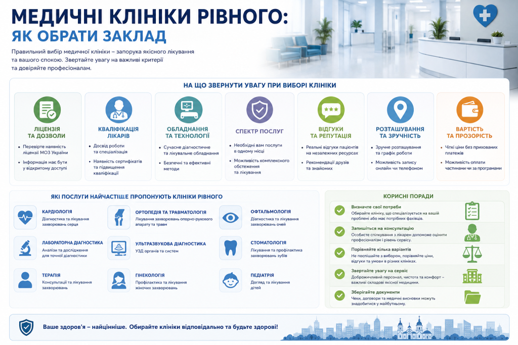 Інфографіка з рекомендаціями щодо вибору приватної або державної клініки в Рівному та основними критеріями оцінки.