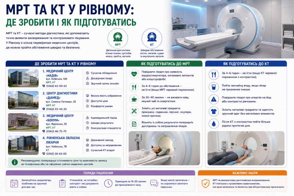 Інфографіка про МРТ та КТ у Рівному, підготовку до обстеження, медичні центри та рекомендації пацієнтам.