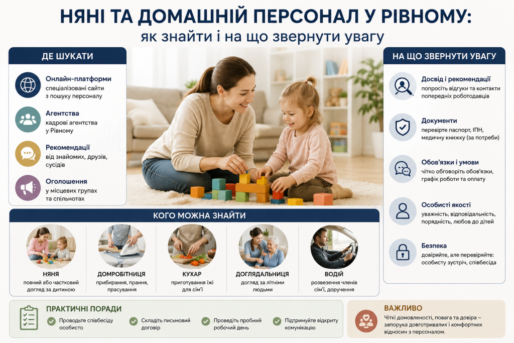 Інфографіка про пошук няні та домашнього персоналу в Рівному з порадами щодо перевірки досвіду, документів і рекомендацій