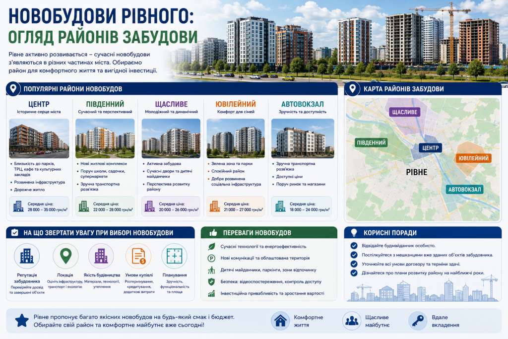 Інфографіка про новобудови Рівного, популярні райони забудови, середні ціни на житло та поради щодо вибору квартири.
