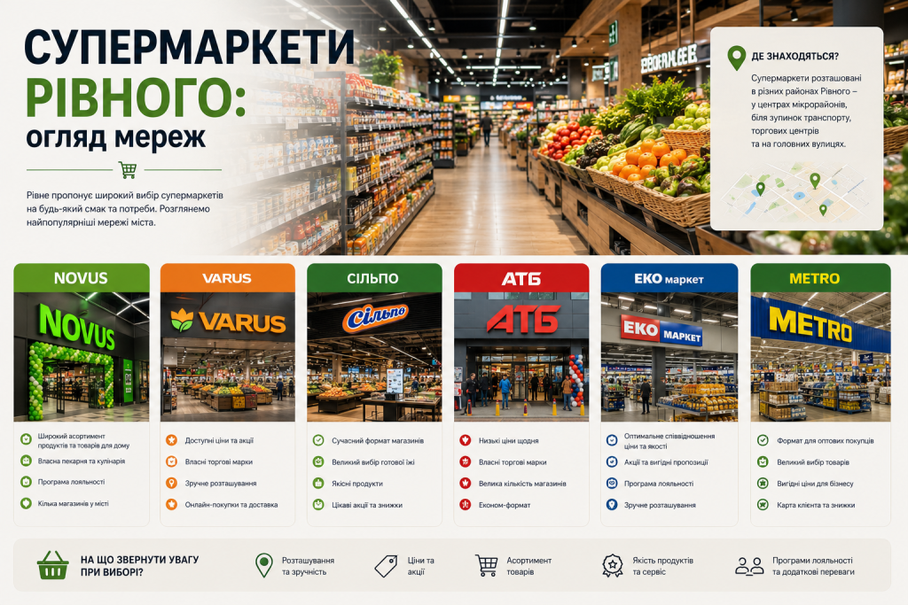 Інфографіка з оглядом популярних супермаркетів Рівного, їхніх особливостей, асортименту, цін, акцій та програм лояльності