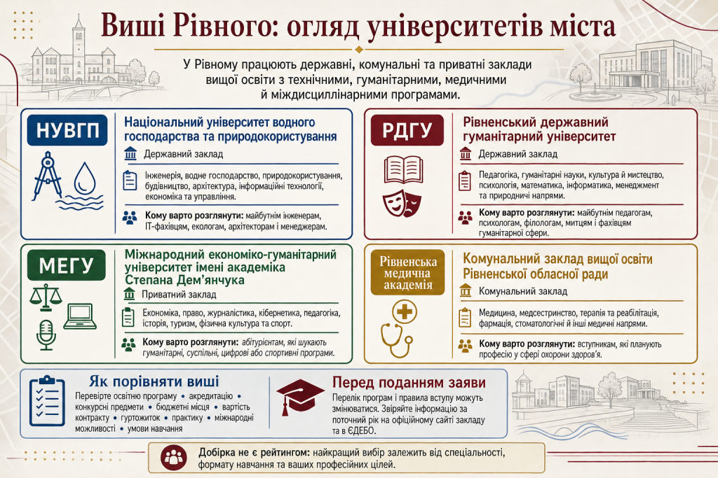 Інфографіка з оглядом університетів і закладів вищої освіти Рівного, напрямами навчання та порадами для вступників.