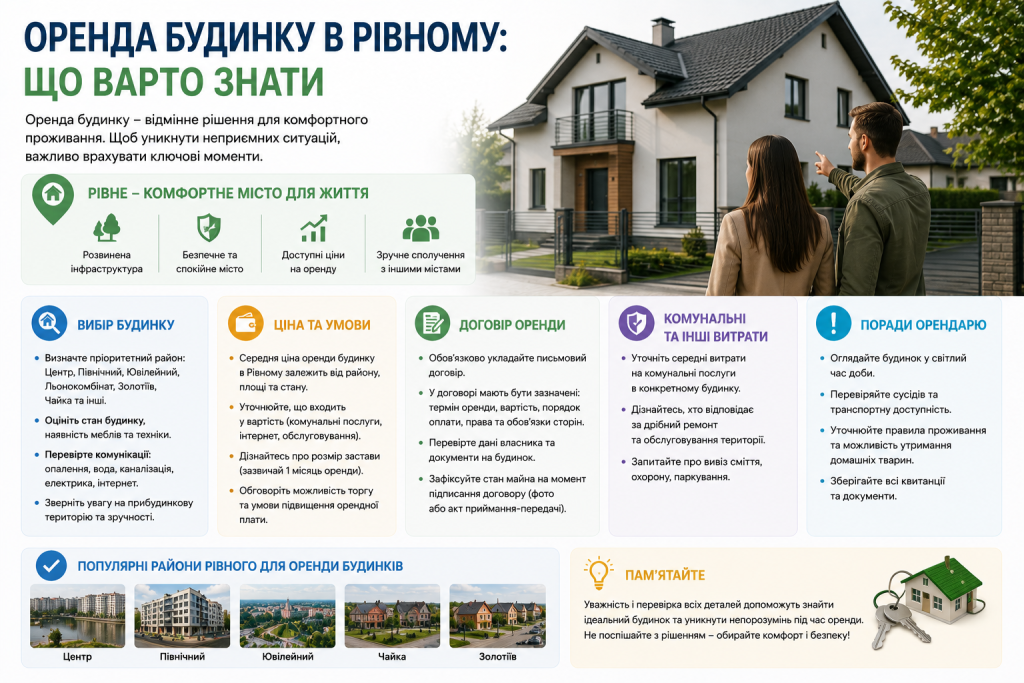 Інфографіка про оренду будинку в Рівному, вибір району, умови договору, комунальні витрати та поради орендарю.