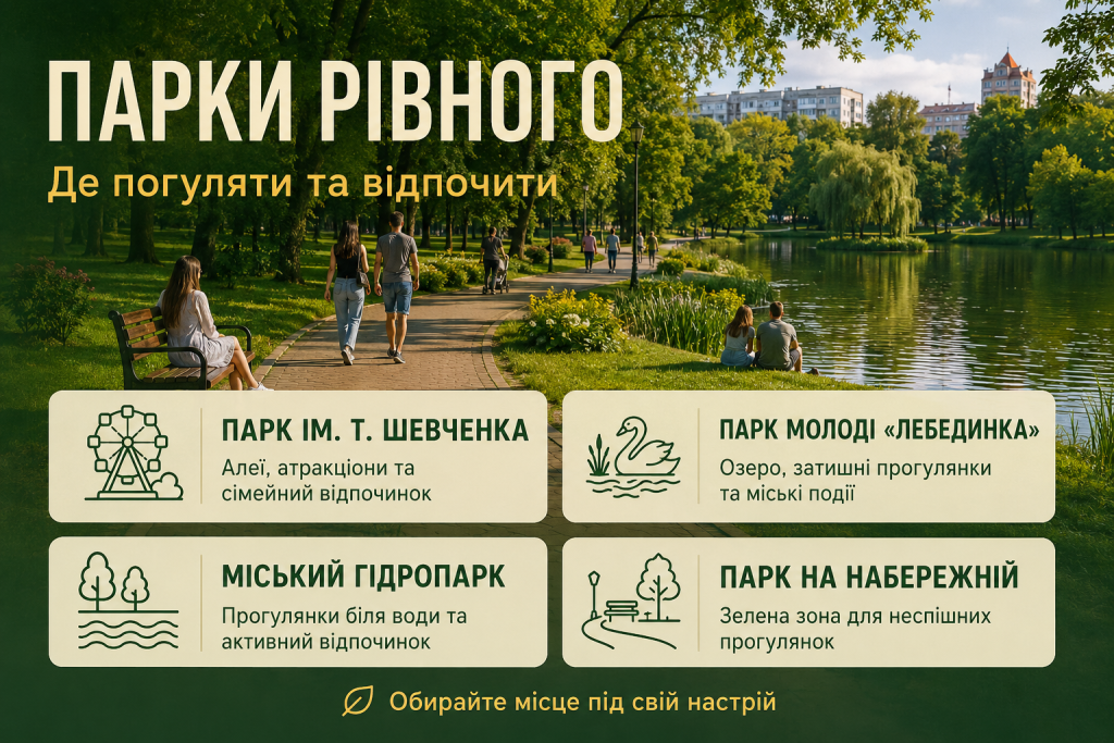 Інфографіка про популярні парки Рівного для прогулянок, відпочинку та дозвілля