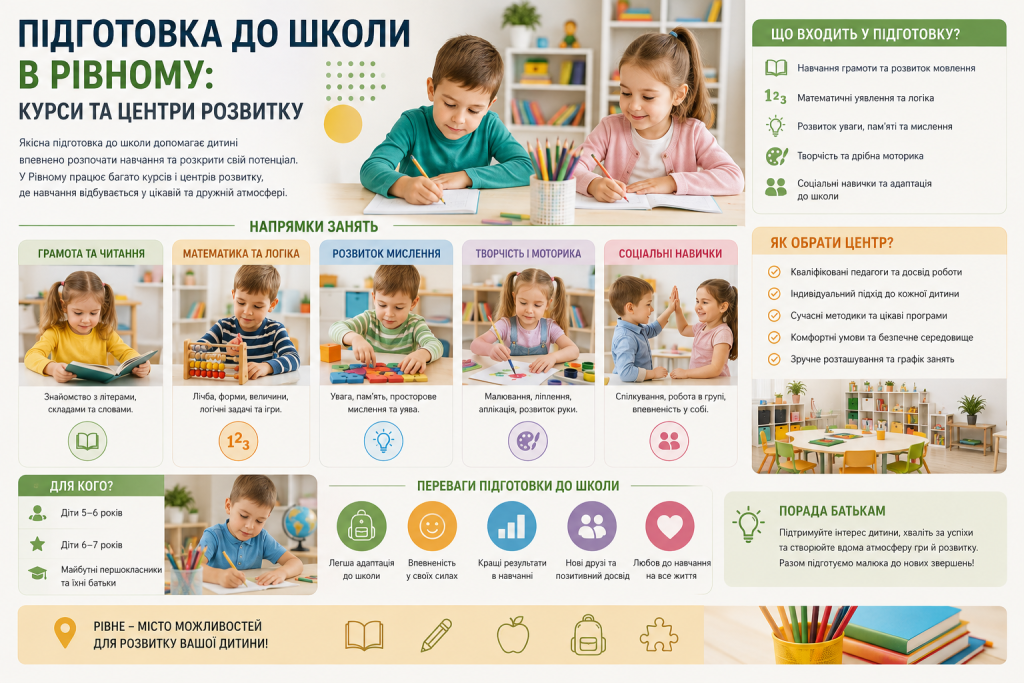Інфографіка про підготовку дітей до школи в Рівному, навчання грамоті, математиці, логіці, творчості та соціальним навичкам