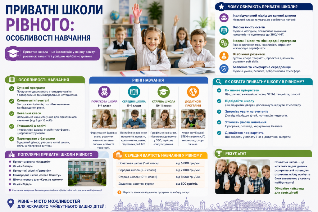 Інфографіка про приватні школи Рівного, їхні особливості, переваги навчання та критерії вибору закладу.