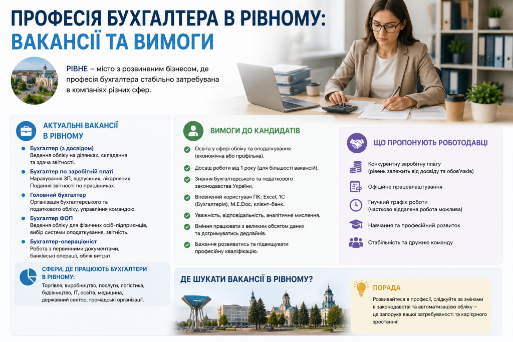 Інфографіка про вакансії бухгалтера в Рівному, вимоги до кандидатів, умови роботи та сфери працевлаштування.