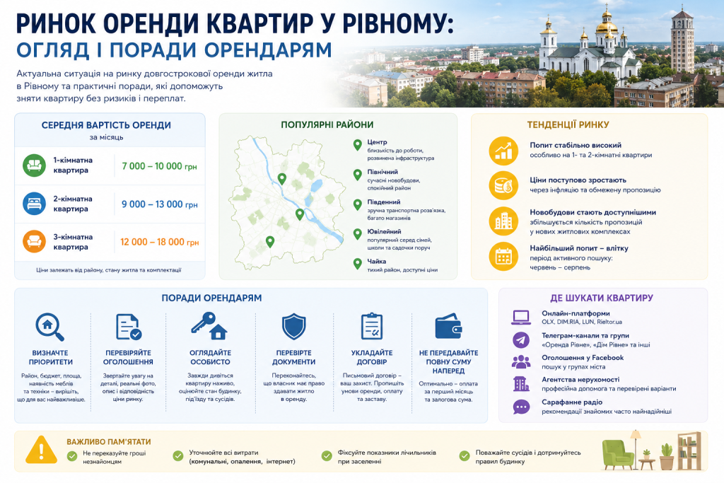 Інфографіка про оренду квартир у Рівному, середні ціни, популярні райони міста та рекомендації для орендарів.