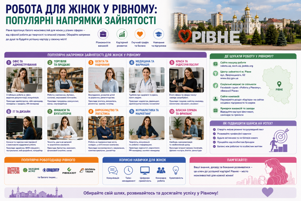 Популярні напрями працевлаштування для жінок у Рівному, приклади професій, роботодавці та корисні поради для пошуку роботи.