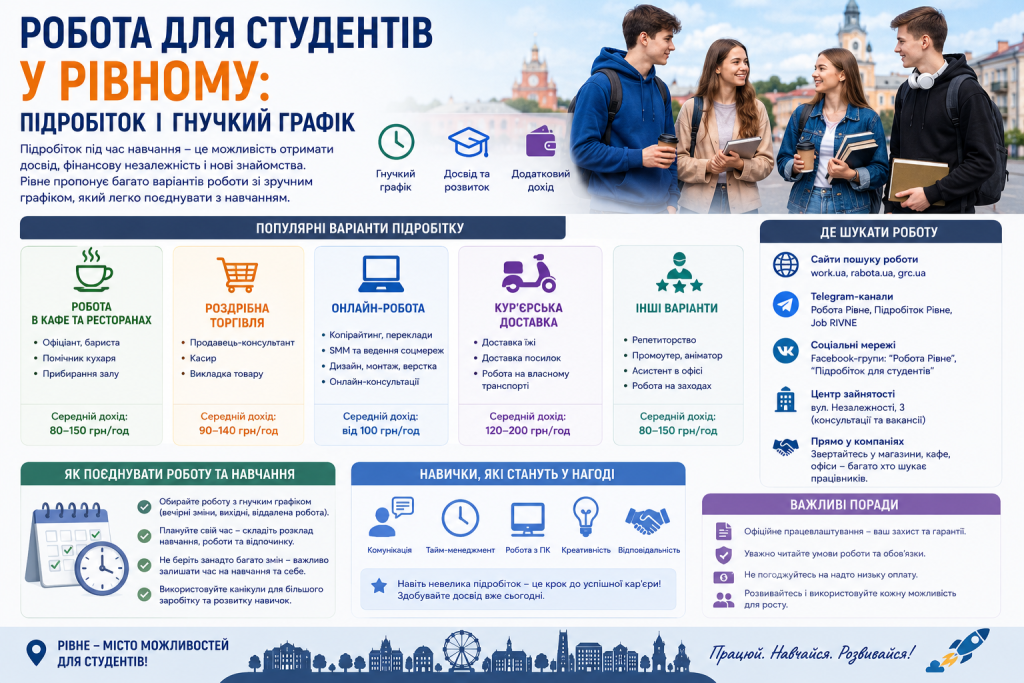Інфографіка про варіанти підробітку для студентів у Рівному, популярні вакансії, необхідні навички та способи пошуку роботи.