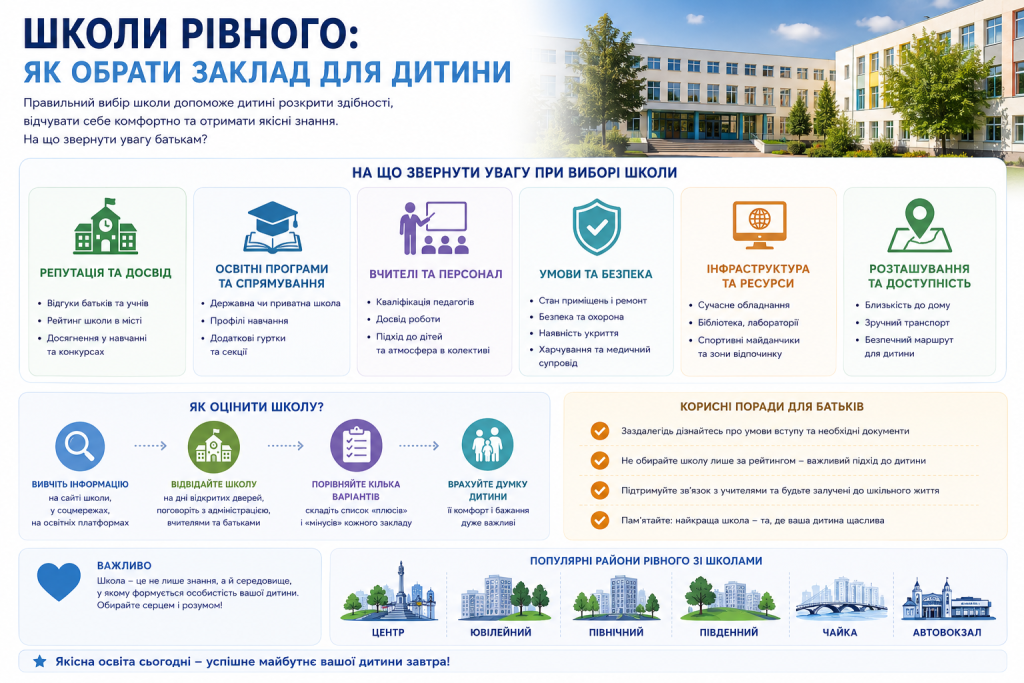 Інфографіка з порадами щодо вибору школи в Рівному, основними критеріями оцінки та особливостями навчальних закладів.