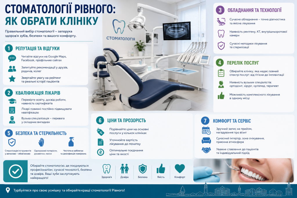 Інфографіка з порадами щодо вибору стоматологічної клініки в Рівному, важливими критеріями та рекомендаціями для пацієнтів.