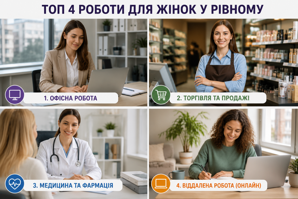 Добірка популярних професій для жінок у Рівному: офісна робота, торгівля, медицина та дистанційна зайнятість.