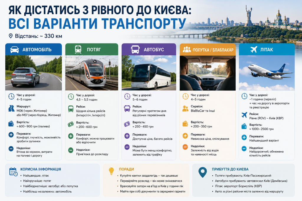 Інфографіка з варіантами транспорту з Рівного до Києва: автомобілем, поїздом, автобусом, попуткою та літаком.