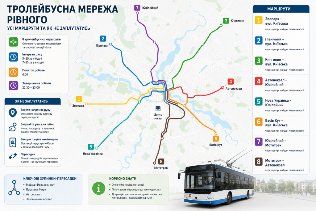 Інфографіка про тролейбусну мережу Рівного з основними маршрутами, схемою руху та порадами для пасажирів.