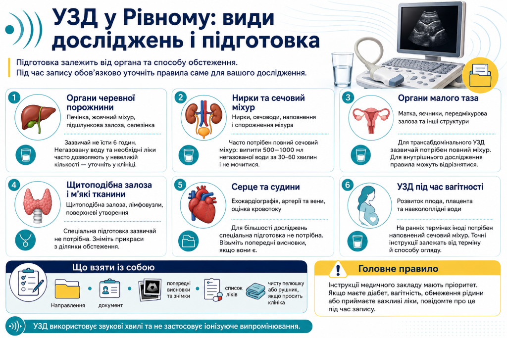 Інфографіка про види УЗД у Рівному, обстеження органів, правила підготовки та необхідні документи.