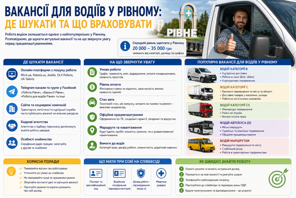 Інфографіка про вакансії для водіїв у Рівному: де шукати роботу, які категорії водіїв найбільш затребувані, на що звернути увагу під час працевлаштування та які документи підготувати.