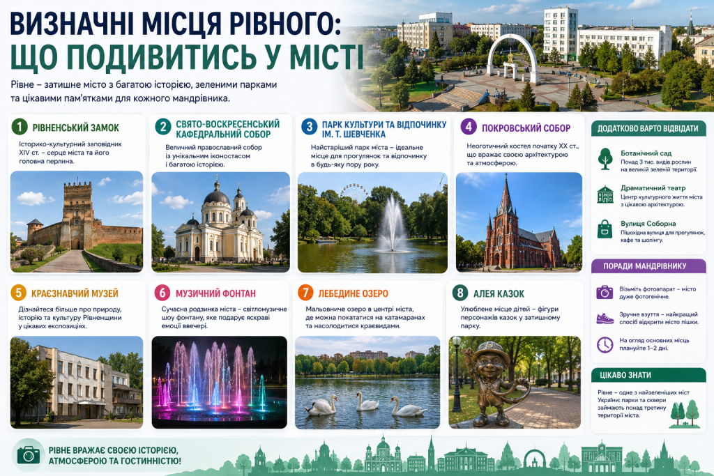 Інфографіка про найцікавіші пам'ятки Рівного, популярні туристичні локації, парки, музеї та визначні місця міста.