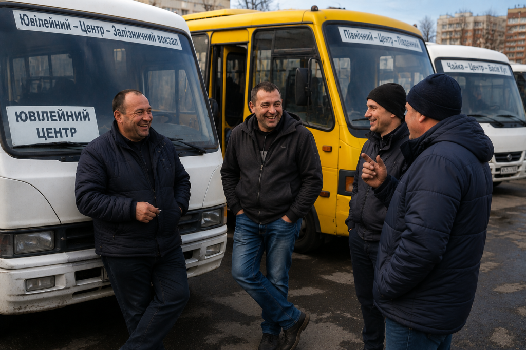 Водії маршрутних автобусів спілкуються на кінцевій зупинці перед початком робочої зміни у Рівному.