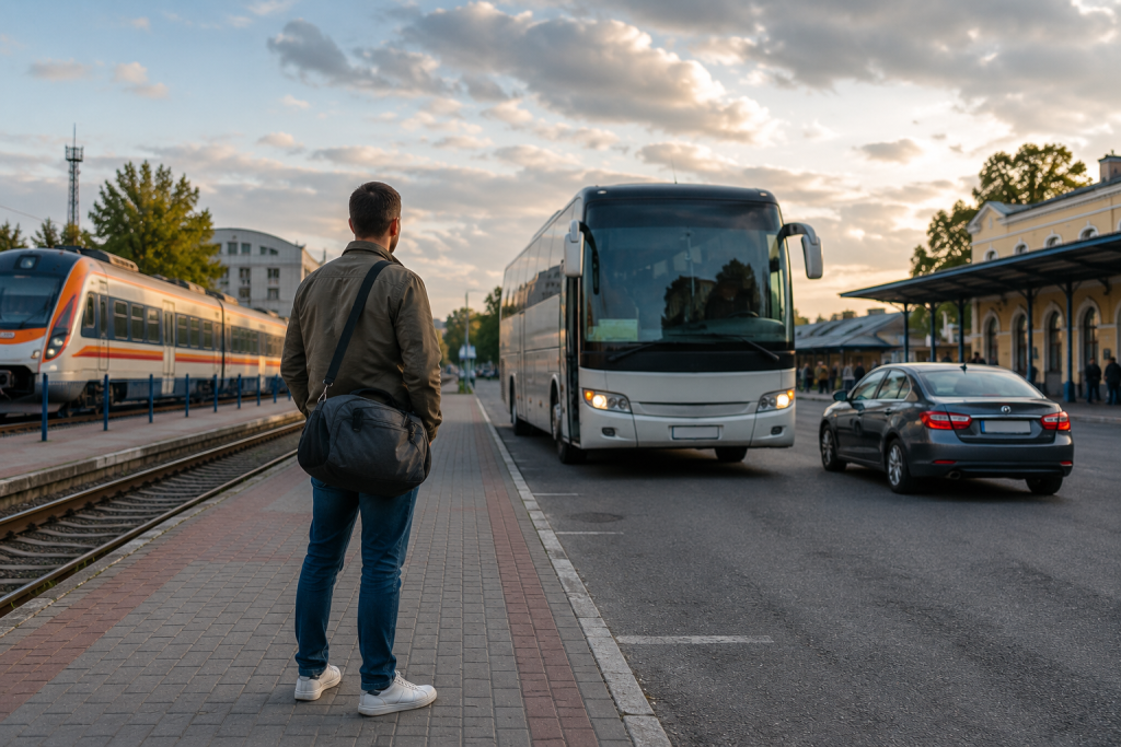 Як дістатись з Рівного до Києва Пасажир із дорожньою сумкою стоїть біля вокзалу поруч із поїздом, автобусом та автомобілем, обираючи транспорт до Києва.