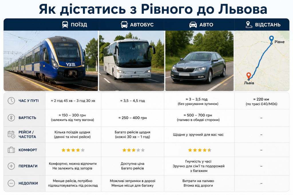 Порівняльна таблиця способів поїздки з Рівного до Львова поїздом, автобусом та автомобілем із часом у дорозі й орієнтовною вартістю