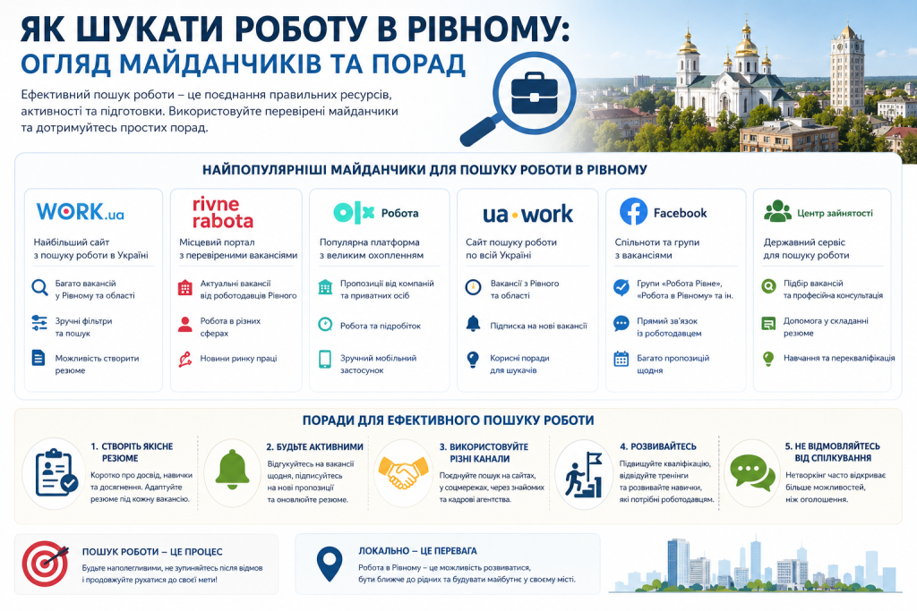 Інфографіка про пошук роботи в Рівному з переліком популярних сайтів вакансій, рекомендаціями щодо підготовки резюме та порадами для успішного працевлаштування.