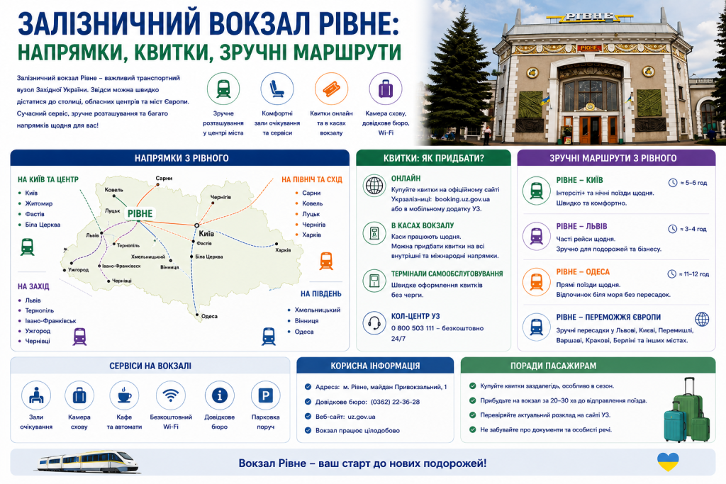 Інфографіка про залізничний вокзал Рівного, популярні маршрути, купівлю квитків та корисну інформацію для пасажирів.