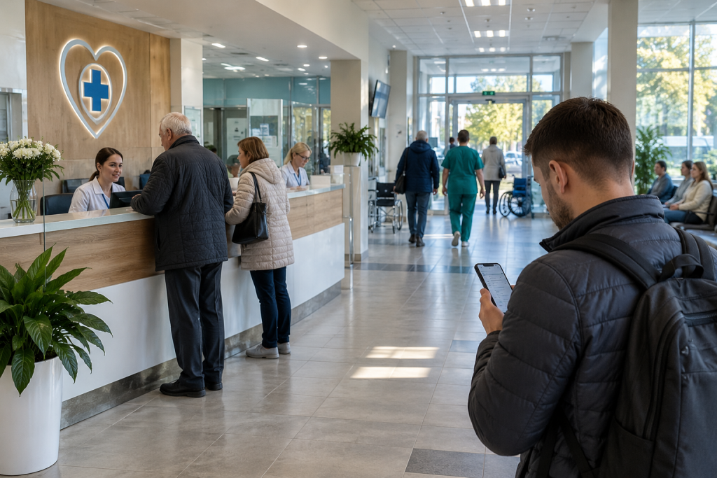 Пацієнти біля реєстратури та в зоні очікування сучасної обласної лікарні Рівного.