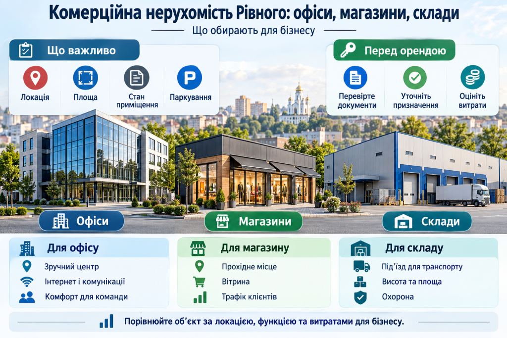 Інфографіка про комерційну нерухомість Рівного, вибір офісів, магазинів і складських приміщень, основні критерії та поради щодо оренди для бізнесу.