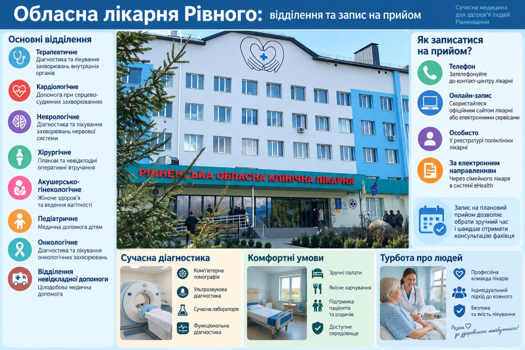 Інфографіка про Рівненську обласну лікарню, основні відділення, діагностику та способи запису на прийом.