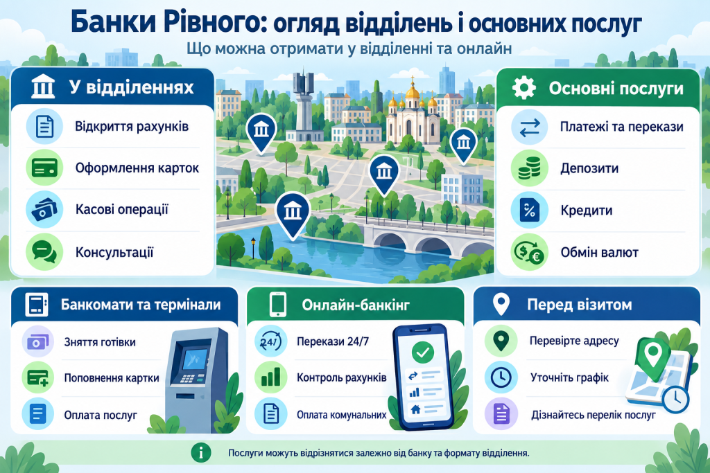 Інфографіка про банки Рівного, відкриття рахунків, оформлення карток, кредити, депозити, банкомати та можливості онлайн-банкінгу.