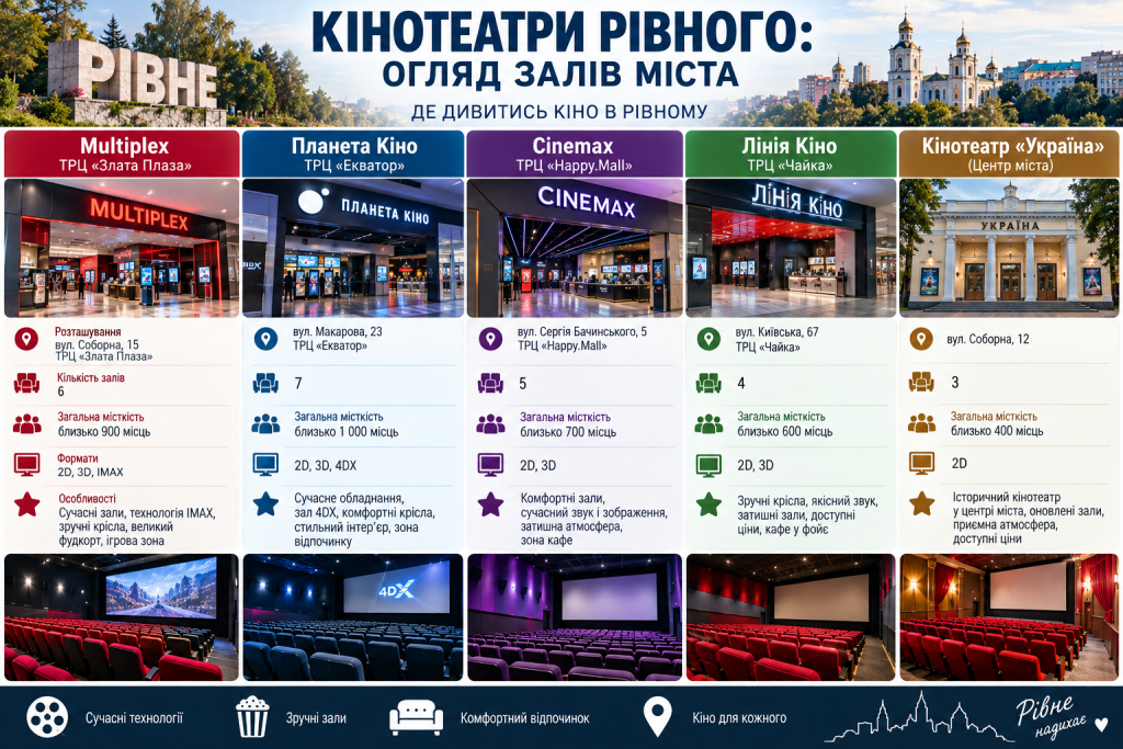 Інфографіка з оглядом кінотеатрів Рівного, їх розташуванням, кількістю залів, форматами показу та особливостями