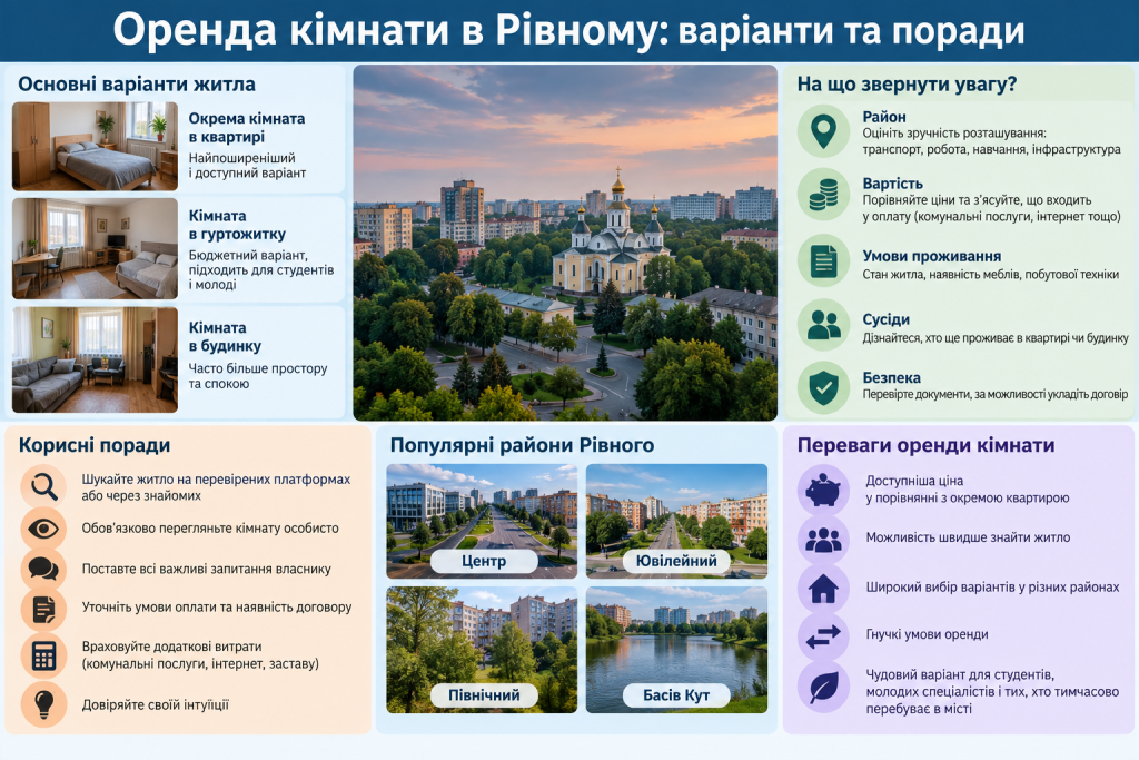 Інфографіка про оренду кімнати в Рівному, популярні райони, варіанти житла та поради орендарям.