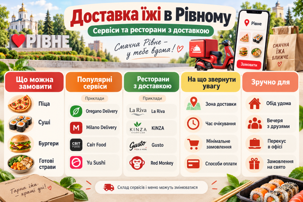 Інфографіка про доставку їжі в Рівному з популярними сервісами, ресторанами, видами страв та порадами щодо замовлення.