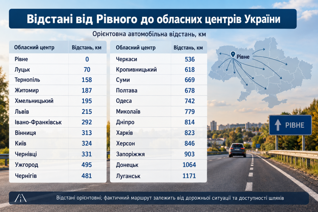 Інфографіка з орієнтовними автомобільними відстанями від Рівного до обласних центрів України та картою маршрутів.
