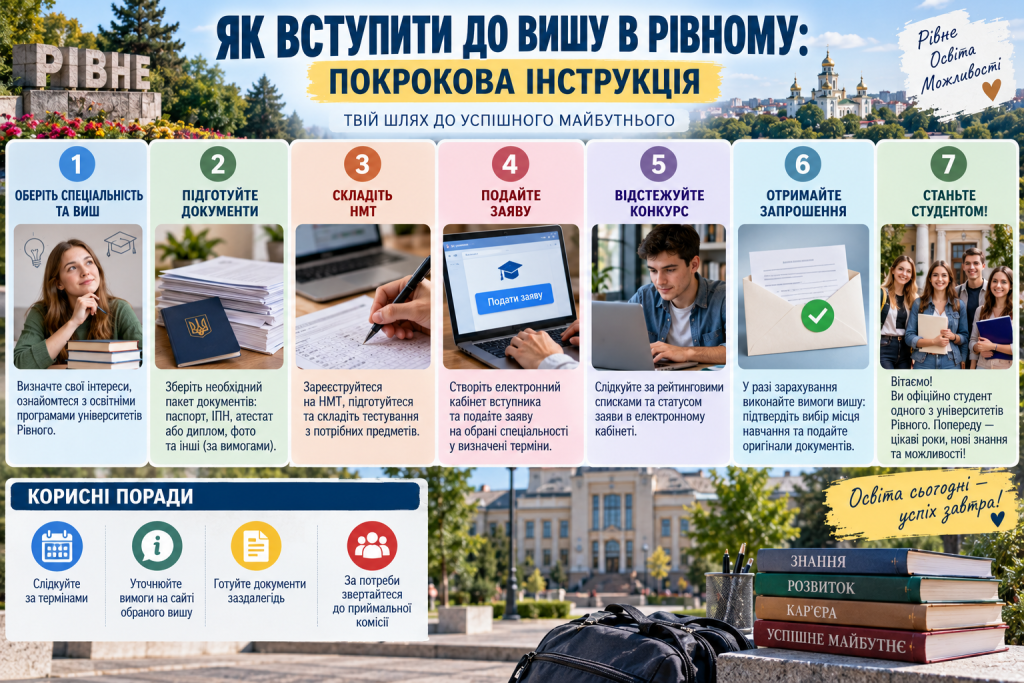 Інфографіка про вступ до університету в Рівному, вибір спеціальності, підготовку документів, НМТ і подання заяви